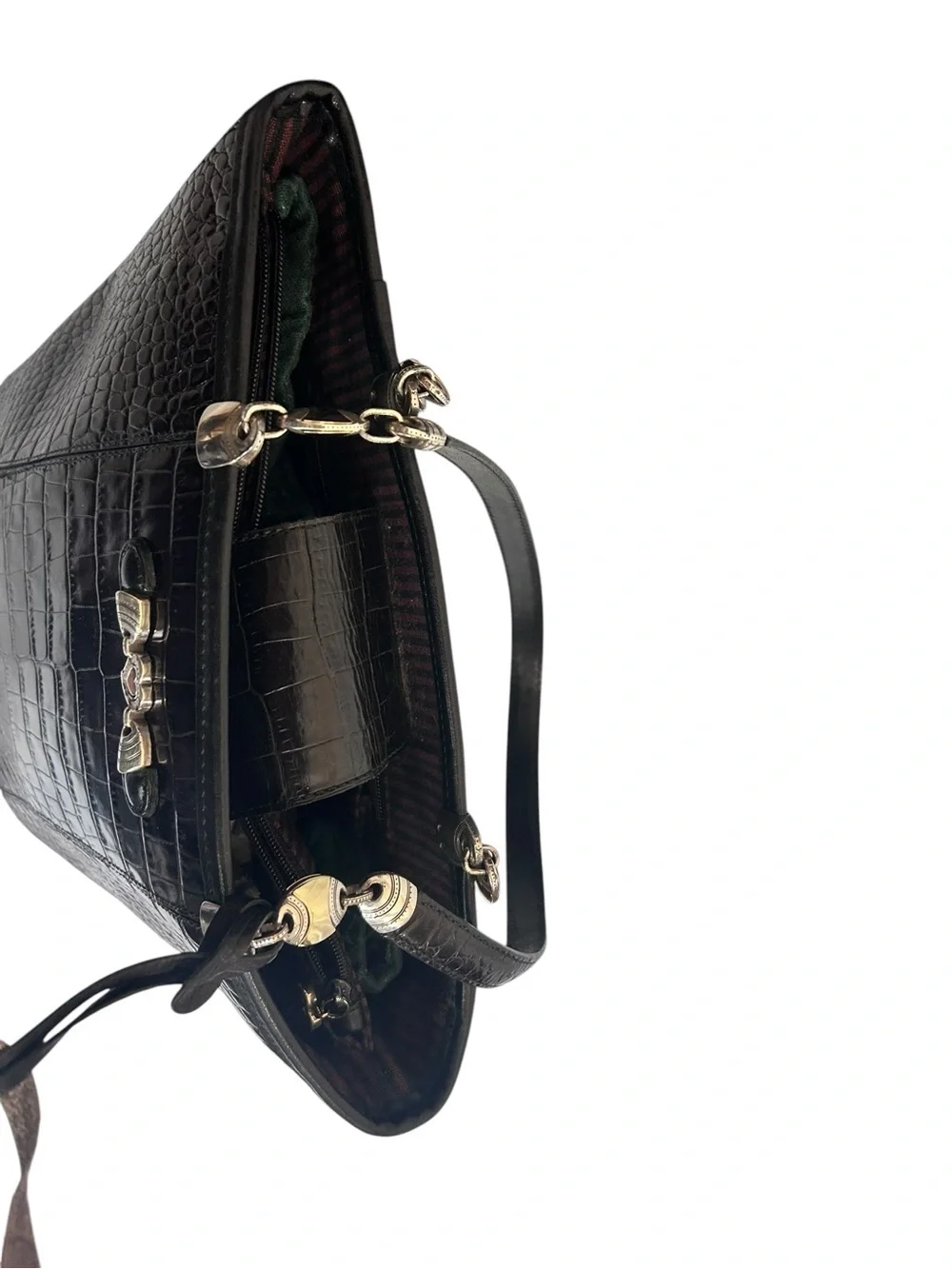 Vintage Brighton Shiny Black Croc Embossed Leather Shoulder Bucket Bag Purse